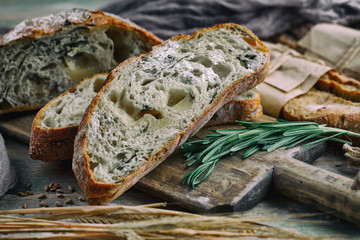 Bread products on the table in composition - close-up