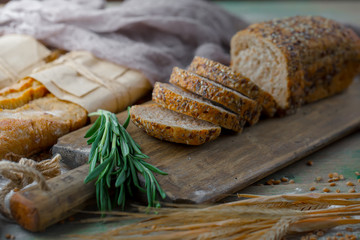 Bread products on the table in composition - close-up