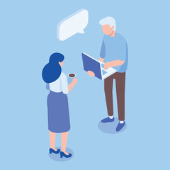 Isometric man and woman standing and having conversation. Talking. Business people team. Disscussing new idea. Coworkers. Vector isolated isometric characters.