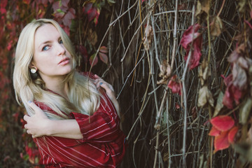 young beautiful pregnant woman in a red dress