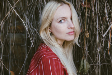 young beautiful blonde in a red dress