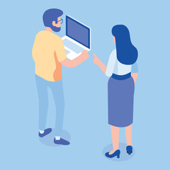Isometric man and woman standing and having conversation. Talking. Business people team. Disscussing new idea. Coworkers. Vector isolated isometric characters.