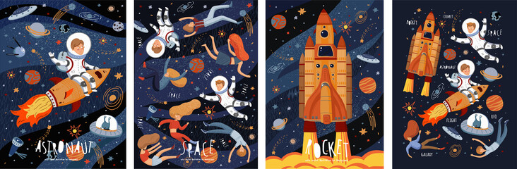 Lamas personalizadas con tu foto Space! Vector cute illustration of an astronaut, spaceship, rocket, alien, UFO, sky and people for background, card or poster. Children's drawings of the starry sky and galaxy.