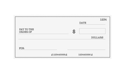 Blank template of the bank check. Checkbook cheque page with empty fields to fill - 298923213
