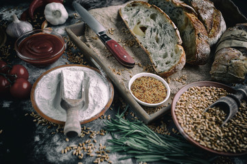 Bread products on the table in composition 