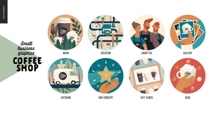 Coffee shop -small business illustrations -web icons -modern flat vector concept illustration of website template elements -icons menu, location, about us, gallery, catering, concept, gift cards, blog