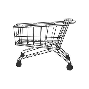 Shopping cart sketch engraving vector illustration. T-shirt apparel print design. Scratch board style imitation. Black and white hand drawn image.