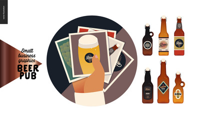 Brewery, craft beer pub -small business graphics -gallery icon and bottles -modern flat vector concept illustrations -photo gallery icon - a stack of images, and craft beer bottles