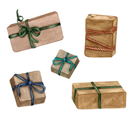 Merry Christmas and New Year collection. Watercolor christmas gifts and presents in craft wrapping paper.  Handpainted watercolor set with pile of gift boxes .
