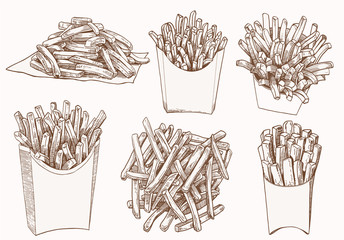 Graphical vintage set of french fries, retro illustration,fast food
