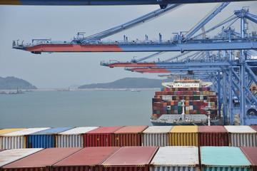 Port of Busan, South Korea. Container ships in the port under the gantry cranes. 