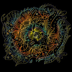 Hand-drawn floral ornament. Bright outline. Psychedelic pattern