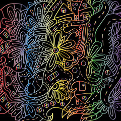 Hand-drawn floral ornament. Bright outline. Psychedelic pattern
