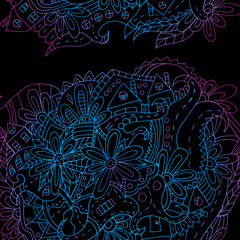 Hand-drawn floral ornament. Bright outline. Psychedelic pattern