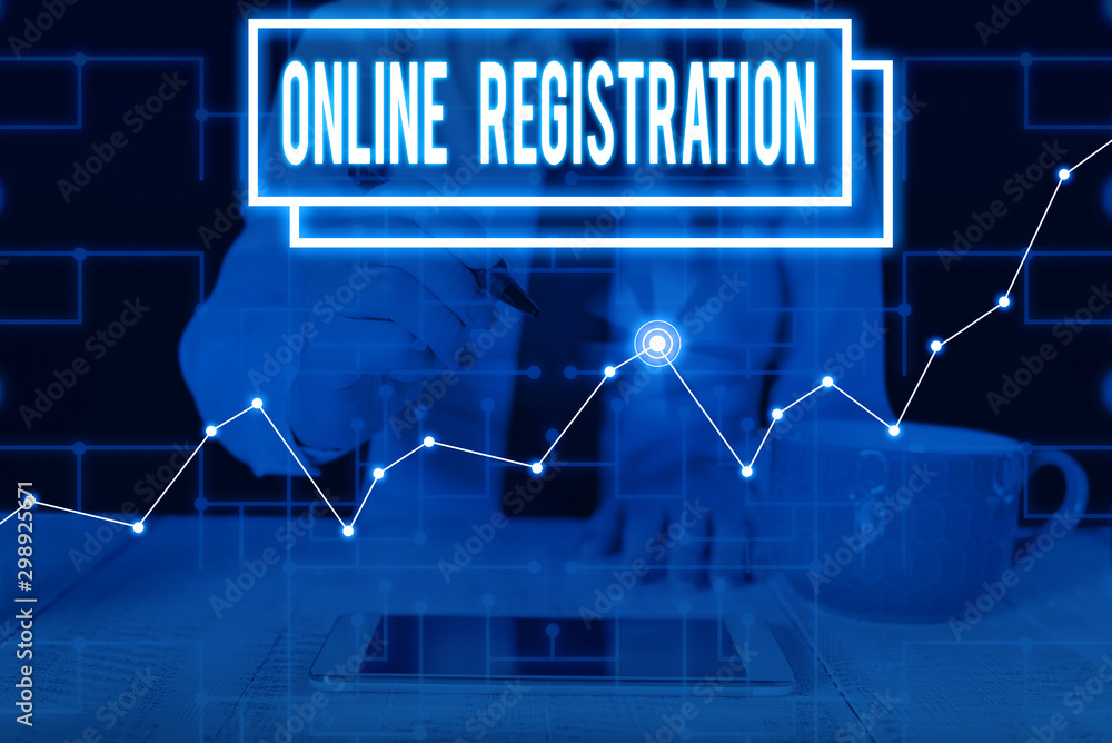 Aufkleber writing note showing online registration. business concept for system for subscribing or registering