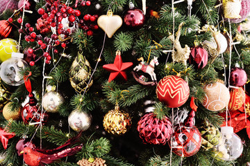 Christmas background blank-Christmas tree with toys and decor close up.