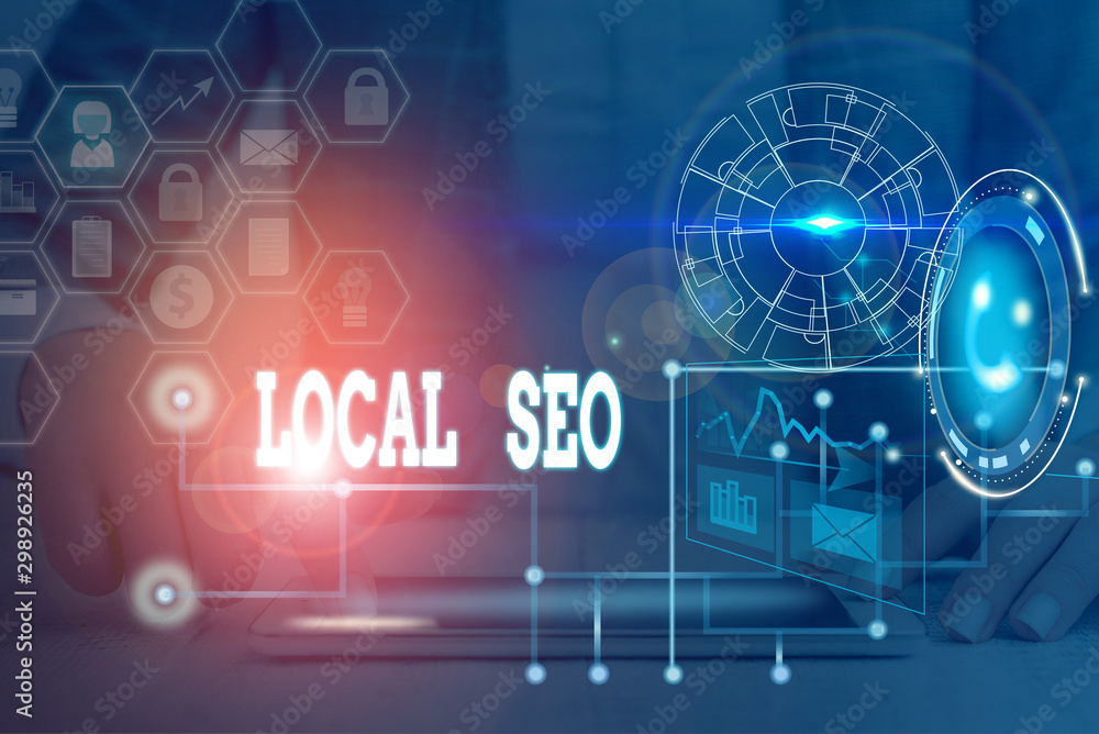 Aufkleber writing note showing local seo. business concept for helps businesses promote products and services 