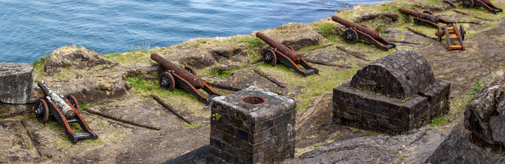 NIEBLA, CHILE - FEBRUARY 5, 2019: Cannons of the Niebla fort, Chile