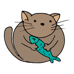 Vector illustration of a cartoon cat holding fish in its paws. Hand drawn fat cat with fish in its paws.