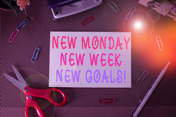 Writing note showing New Monday New Week New Goals. Business concept for goodbye weekend starting...