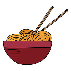 Vector illustration of a plate with soup, with Chinese noodles. Plate with chopsticks. Bowl for soup. Plate with noodles. Hand drawn.
