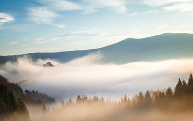 Autumn landscape, foggy morning in the region of Orava, Slovakia, Europe.