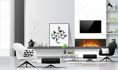 Modern living room interior background with fireplace and furniture in black and white theme , vector , illustration