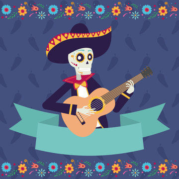 dia de los muertos card with mariachi skul