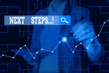 Writing note showing Next Steps. Business concept for something you do after you have finished doing first one Woman wear formal work suit present using smart latest device