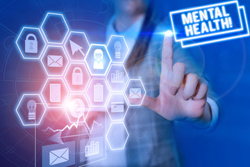 Conceptual hand writing showing Mental Health. Concept meaning demonstratings condition regard to their psychological well being Woman wear formal work suit present using smart latest device