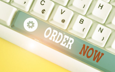 Conceptual hand writing showing Order Now. Concept meaning the activity of asking for goods or...