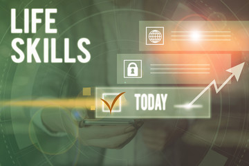 Conceptual hand writing showing Life Skills. Concept meaning skill that is necessary for full participation in everyday life Picture photo network scheme with modern smart device