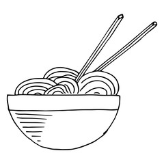 Vector illustration of a plate with soup, with Chinese noodles. Plate with chopsticks. Bowl for soup. Plate with noodles. Hand drawn.