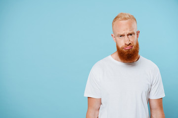 Fototapeta premium portrait of upset bearded man in white t-shirt, isolated on blue
