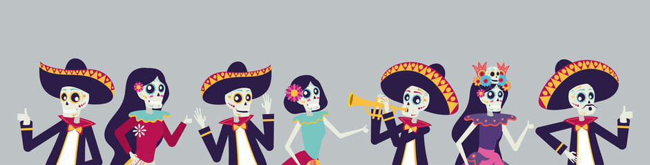dia de los muertos card with mariachis and catrinas skuls