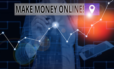Handwriting text writing Make Money Online. Conceptual photo making profit using internet like freelancing or marketing Woman wear formal work suit present presentation using smart latest device