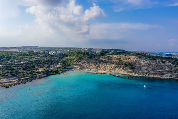 Fototapeta na wymiar Konnos beach lagoon aerial view, Cyprus, Protaras