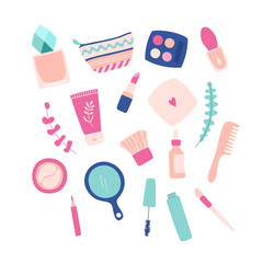 Set of cosmetics for makeup, facial skin care. Cream, powder, mascara, lipstick, perfume, eye patches, cosmetic bag, mirror, comb, eyeshadow palette. Vector hand-drawn illustration.