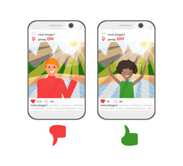 Vector Illustration of Ecological Problem in World. Geotag from Travel Bloggers Destroys Nature. Concept Design of Two Travel Bloggers, For and Against Geotags. Ecological Banner in Flat Cartoon Style