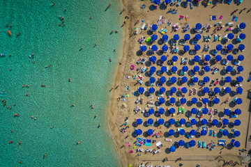 Aerial view of beach with umbrellas, Agia Napa, Cyprus