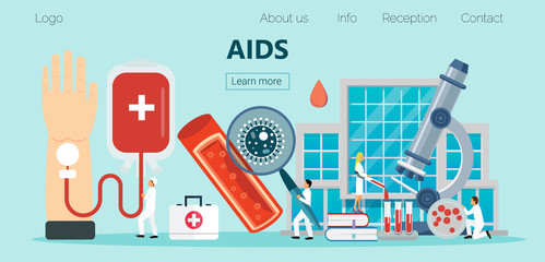 AIDS and HIV health care concept vector for landing page. Tiny doctors check donor blood - obrazy, fototapety, plakaty