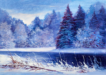 Christmas forest with river. Oil painting landscape.