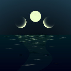 Night fantasy moonrise seascape. Gradient surrealistic landscape with three moons