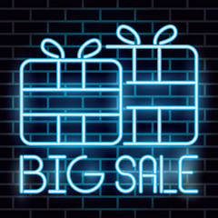 big sale lettering neon label with gifts