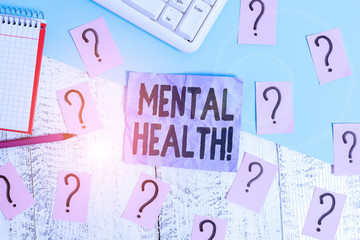Text sign showing Mental Health. Business photo showcasing demonstratings condition regard to their psychological well being Writing tools, computer stuff and math book sheet on top of wooden table