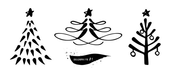 Hand drawn Christmas tree symbol with star. Black and white calligraphic style