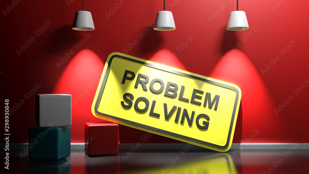 Aufkleber problem solving yellow sign at red wall - 3d rendering illustration