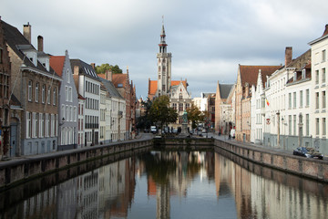Bruges. Flanders. Belgium. Canal with historical buildings of the Middle Ages.