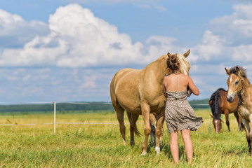 A girl on a field among horses, against a background of sky and clouds.