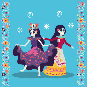 dia de los muertos card with catrinas dancing characters